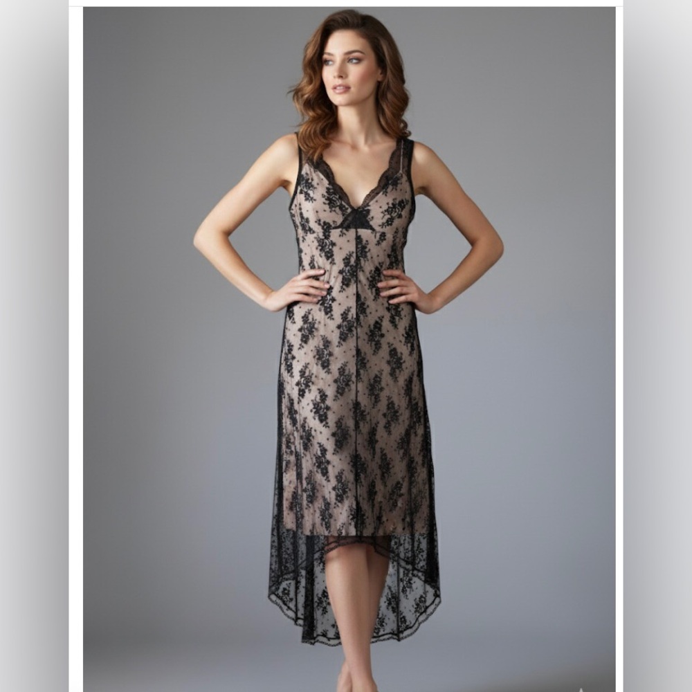 Vintage Nude Slip Dress with Black Lace Overlay V-neck Hi-Low Hem Sleeveless